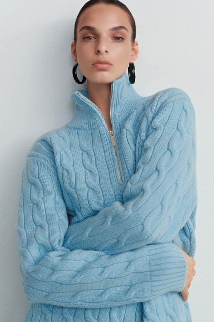 Chunky Wool Cashmere Cable Knit Half-Zip Mock-Neck Sweater  Fibflx