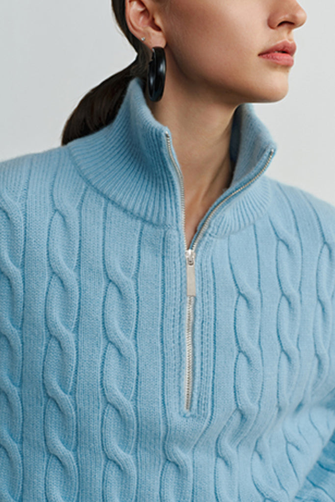 Chunky Wool Cashmere Cable Knit Half-Zip Mock-Neck Sweater  Fibflx