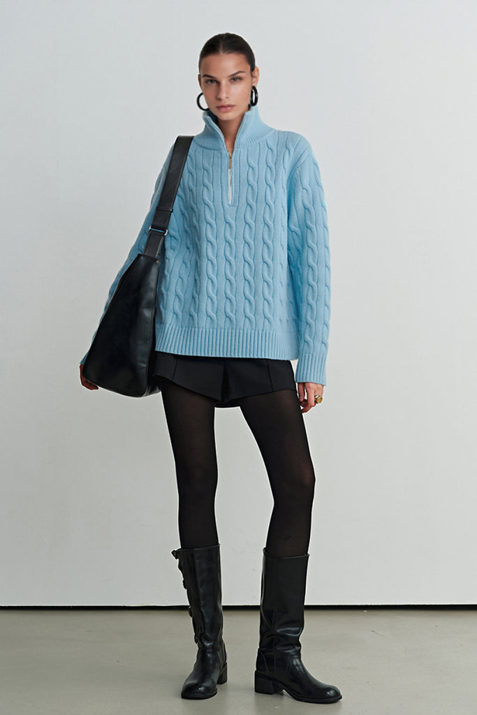 Chunky Wool Cashmere Cable Knit Half-Zip Mock-Neck Sweater  Fibflx