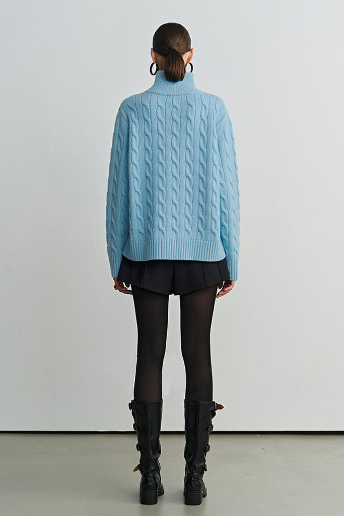 Chunky Wool Cashmere Cable Knit Half-Zip Mock-Neck Sweater  Fibflx