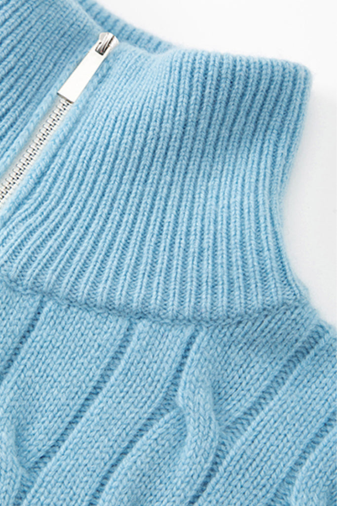 Chunky Wool Cashmere Cable Knit Half-Zip Mock-Neck Sweater  Fibflx