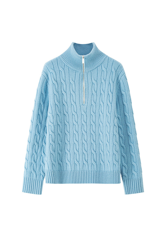 Chunky Wool Cashmere Cable Knit Half-Zip Mock-Neck Sweater  Fibflx