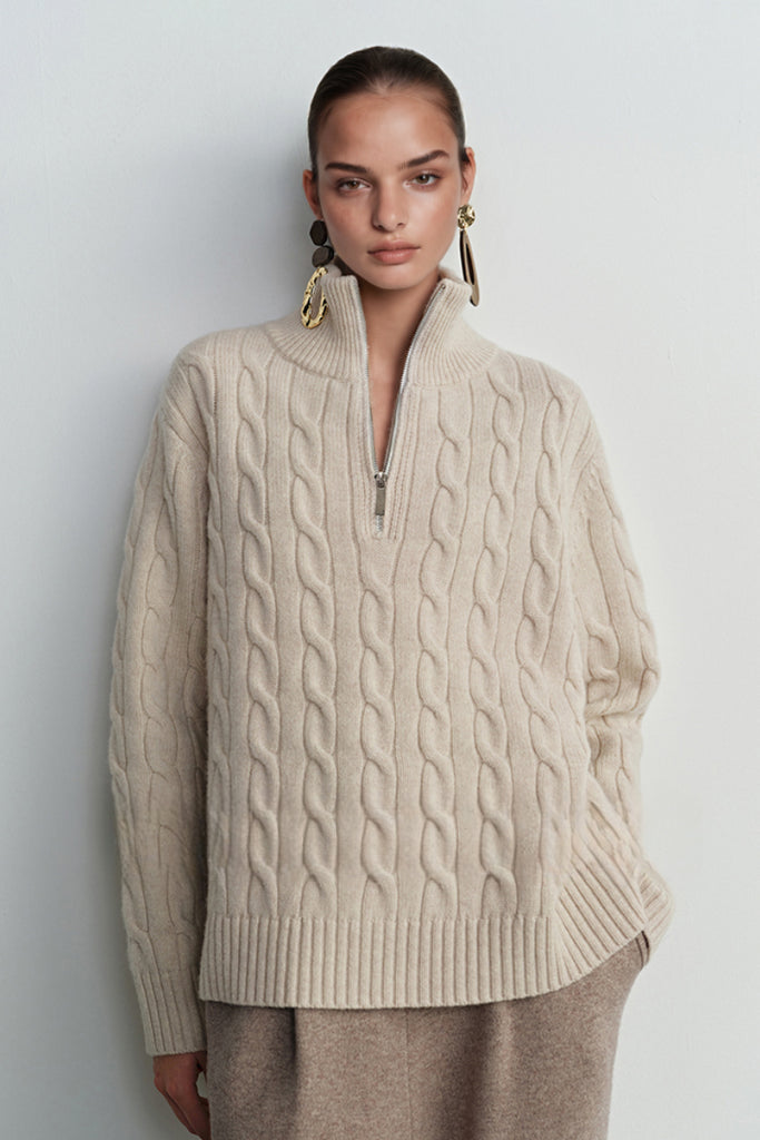 Chunky Wool Cashmere Cable Knit Half-Zip Mock-Neck Sweater M / Milktea / 70% Wool 30% Cashmere Fibflx