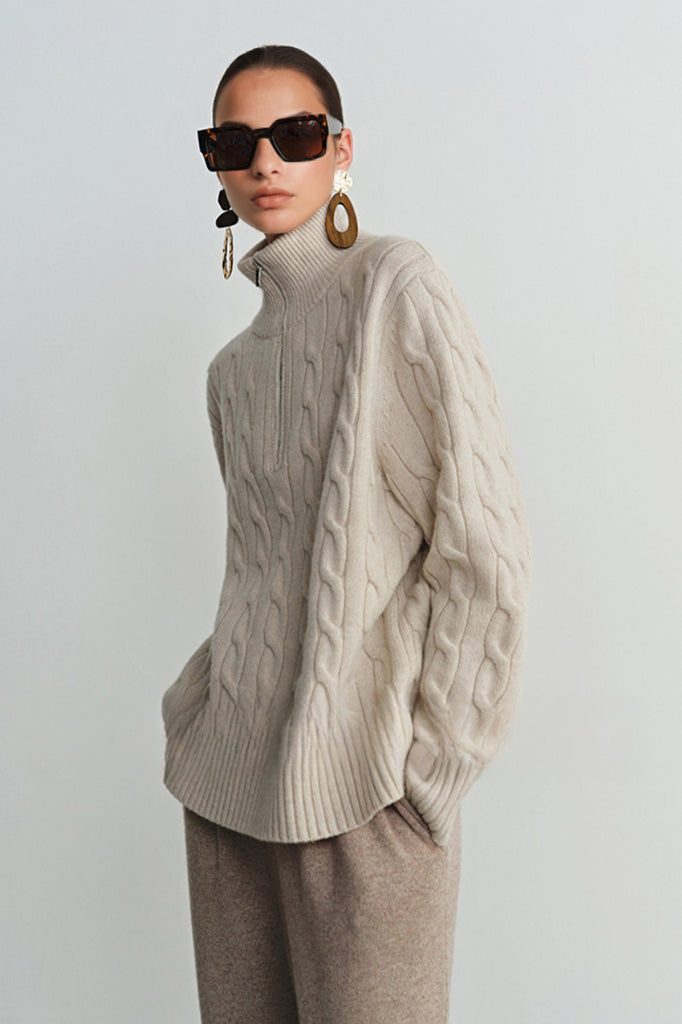 Chunky Wool Cashmere Cable Knit Half-Zip Mock-Neck Sweater  Fibflx