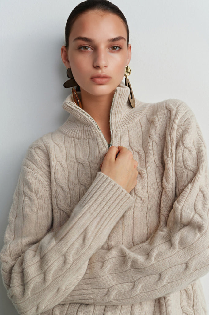 Chunky Wool Cashmere Cable Knit Half-Zip Mock-Neck Sweater  Fibflx