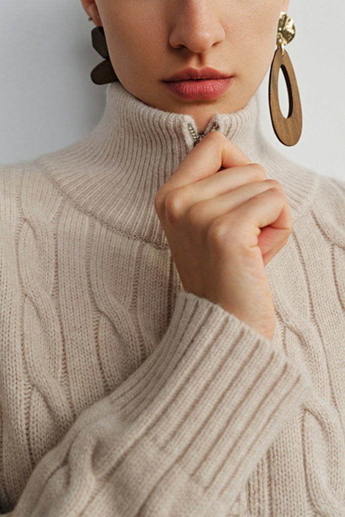 Chunky Wool Cashmere Cable Knit Half-Zip Mock-Neck Sweater  Fibflx