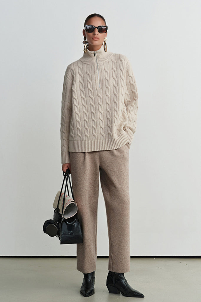 Chunky Wool Cashmere Cable Knit Half-Zip Mock-Neck Sweater  Fibflx