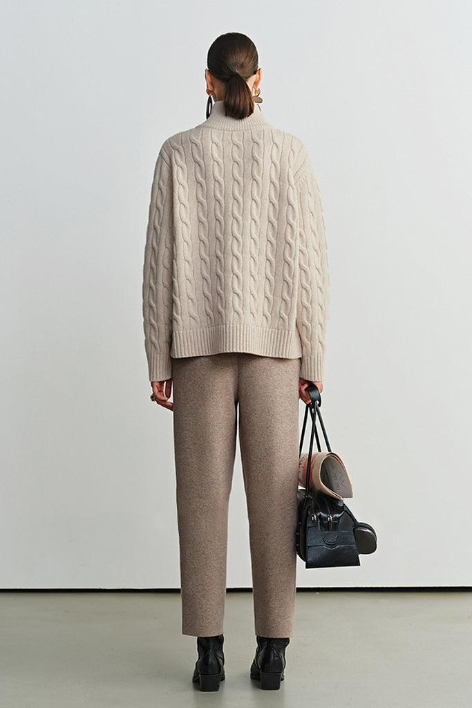 Chunky Wool Cashmere Cable Knit Half-Zip Mock-Neck Sweater  Fibflx