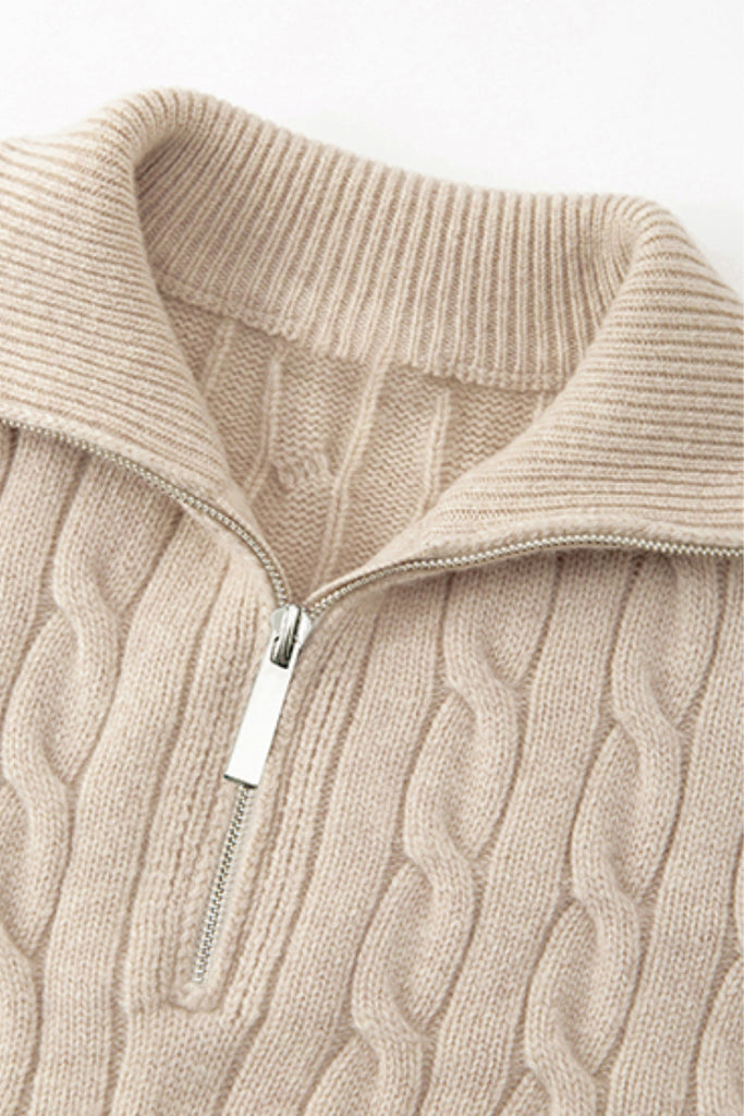 Chunky Wool Cashmere Cable Knit Half-Zip Mock-Neck Sweater  Fibflx