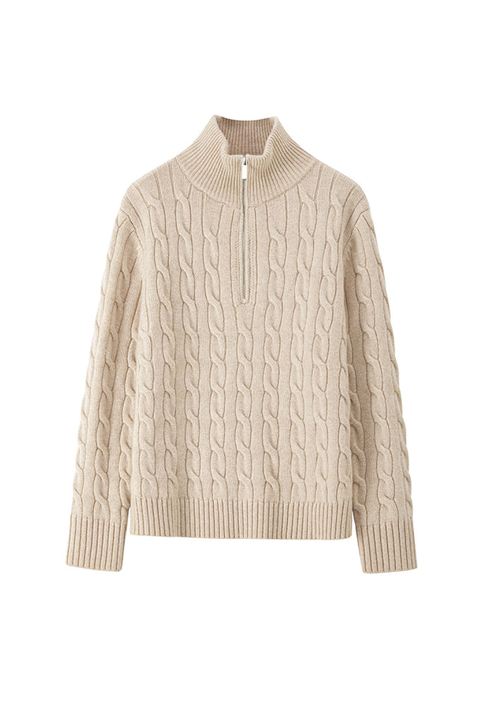 Chunky Wool Cashmere Cable Knit Half-Zip Mock-Neck Sweater  Fibflx