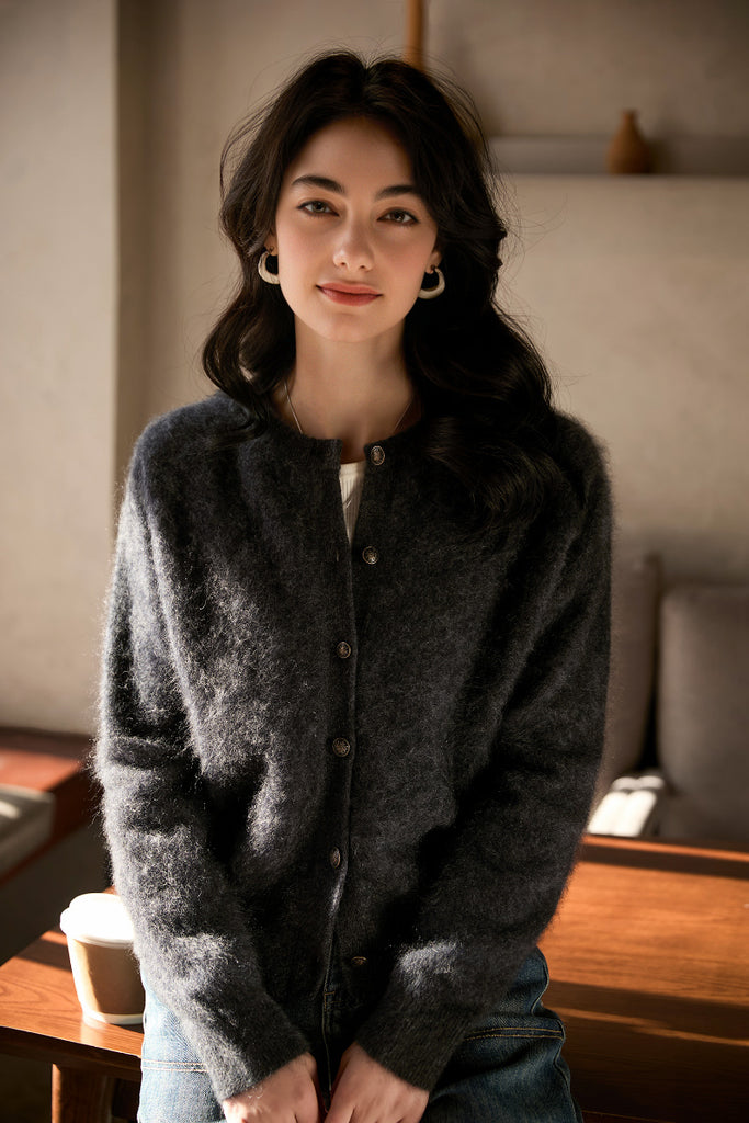 Classic Brushed Cashmere Crewneck Cardigan in Grey - Fibflx