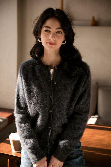 Classic Brushed Cashmere Crewneck Cardigan in Grey - Fibflx