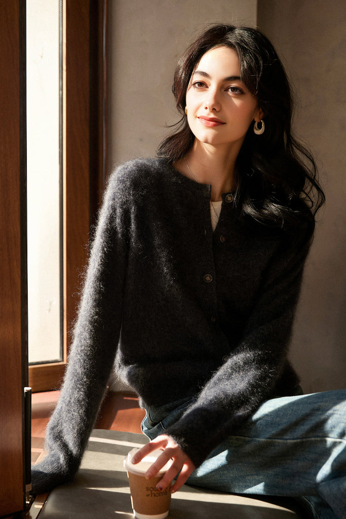 Classic Brushed Cashmere Crewneck Cardigan in Grey  Fibflx