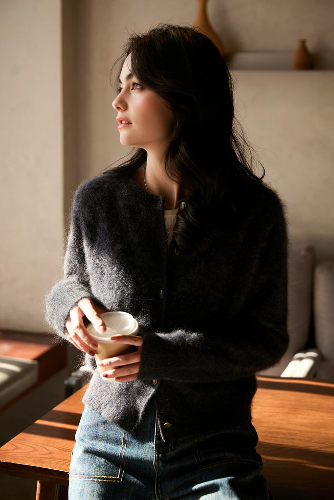 Classic Brushed Cashmere Crewneck Cardigan in Grey  Fibflx