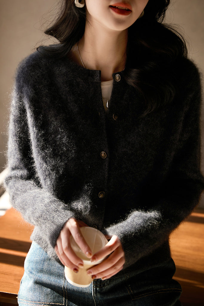 Classic Brushed Cashmere Crewneck Cardigan in Grey  Fibflx