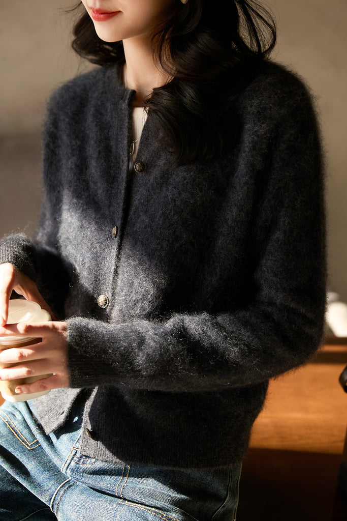 Classic Brushed Cashmere Crewneck Cardigan in Grey  Fibflx