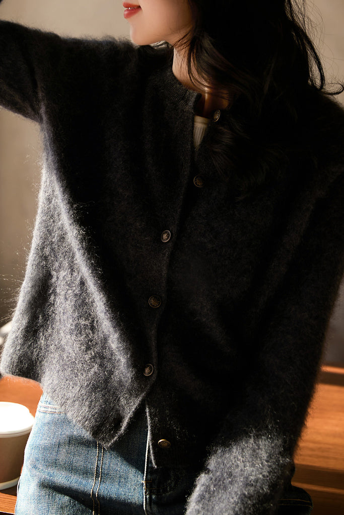 Classic Brushed Cashmere Crewneck Cardigan in Grey  Fibflx