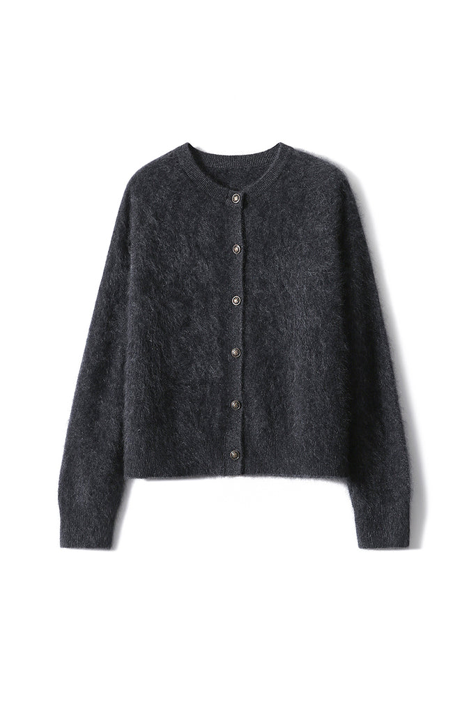 Classic Brushed Cashmere Crewneck Cardigan in Grey  Fibflx