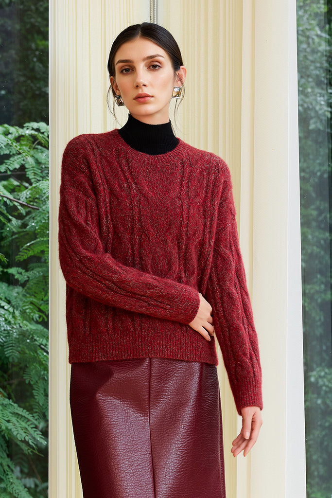 Classic Cashmere-Silk Cable Knit Marled Crewneck Sweater  Fibflx
