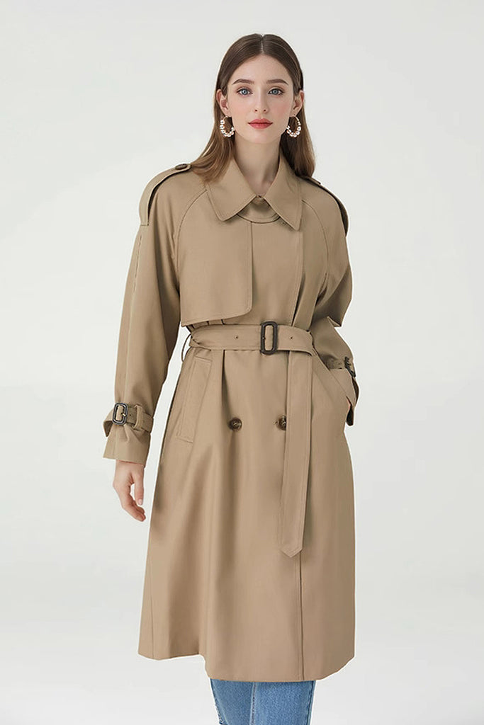 Fibflx Women's Classic Double Breasted Long Trench Coat with Belt