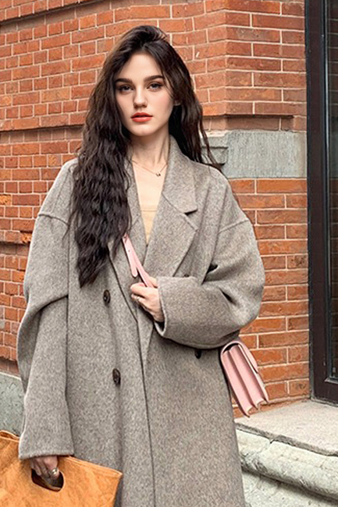 Classic Double Breasted Double Faced Long Yak-Cashmere Coat L / Oatmeal Beige / 90% Wool 10% Cashmere Fibflx