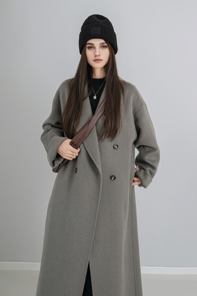 Classic Double Breasted Double Faced Long Yak-Cashmere Coat L / Paris Rain Grey / 90% Wool 10% Cashmere Fibflx