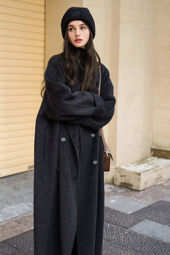 Classic Double Breasted Double Faced Long Yak-Cashmere Coat L / Still Grey / 90% Wool 10% Cashmere Fibflx