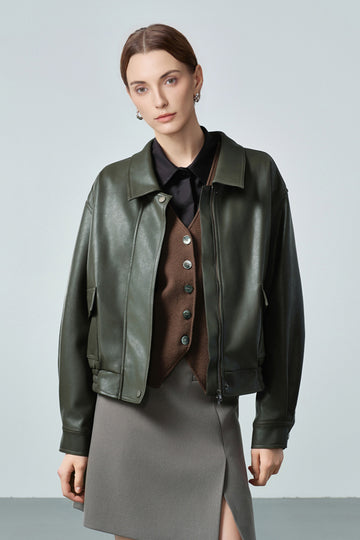 Fibflx Women's Classic Faux Leather Bomber Jacket in Green