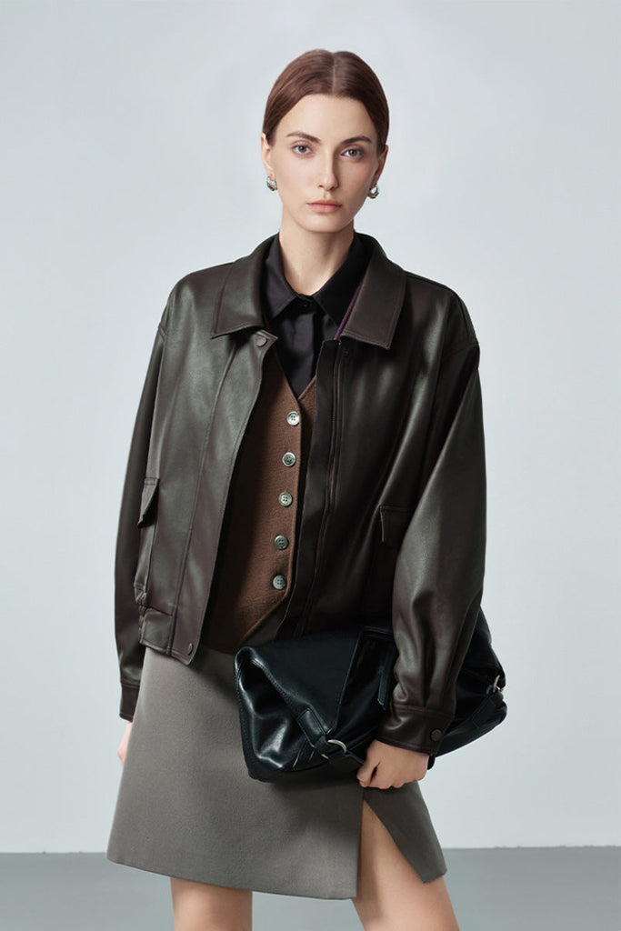 Classic Faux Leather Bomber Jacket in Green Fibflx