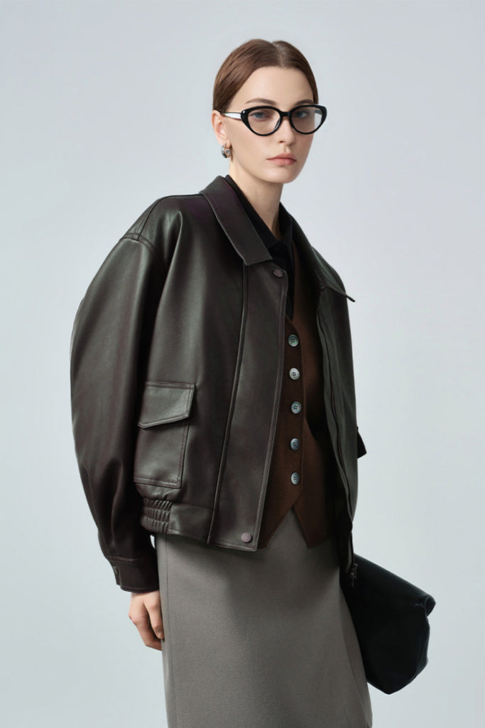 Classic Faux Leather Bomber Jacket in Green Fibflx