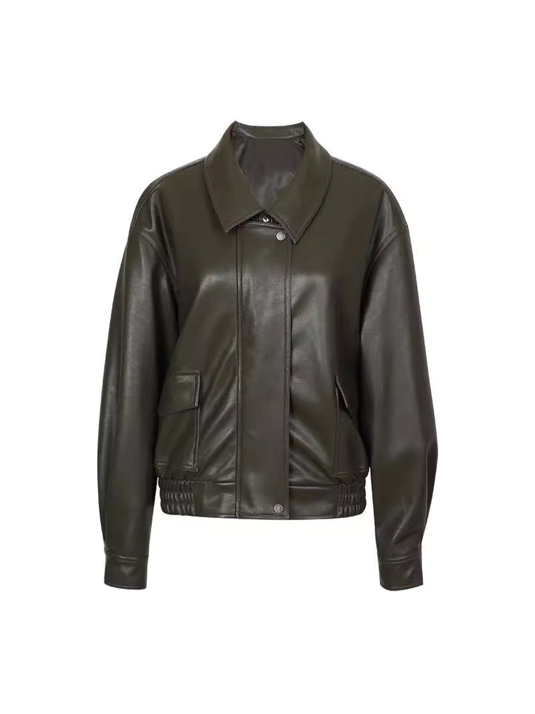 Classic Faux Leather Bomber Jacket in Green Fibflx