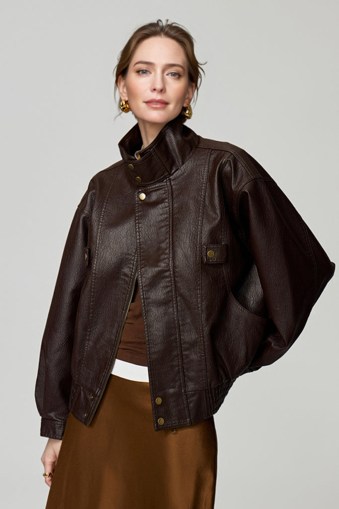 Fibflx Women's Classic Faux Leather Bomber Jacket with Stand-Up Collar