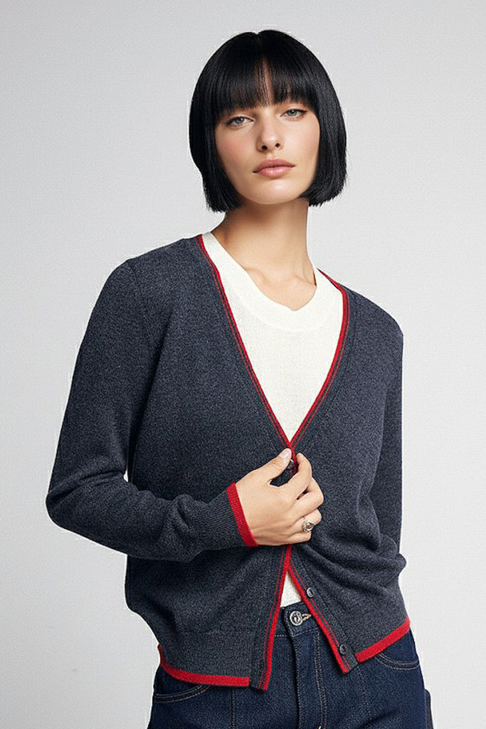 Classic Fine Knit V-Neck Button-Up Wool Cardigan with Contrast Trim XL / Ash Grey / 100% Wool Fibflx