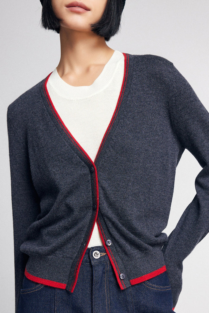 Classic Fine Knit V-Neck Button-Up Wool Cardigan with Contrast Trim  Fibflx