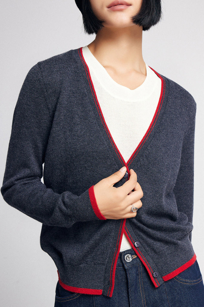 Classic Fine Knit V-Neck Button-Up Wool Cardigan with Contrast Trim  Fibflx