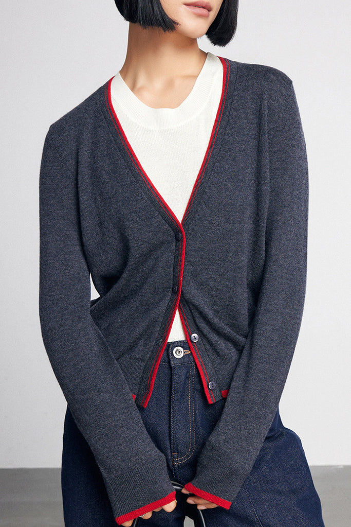Classic Fine Knit V-Neck Button-Up Wool Cardigan with Contrast Trim  Fibflx