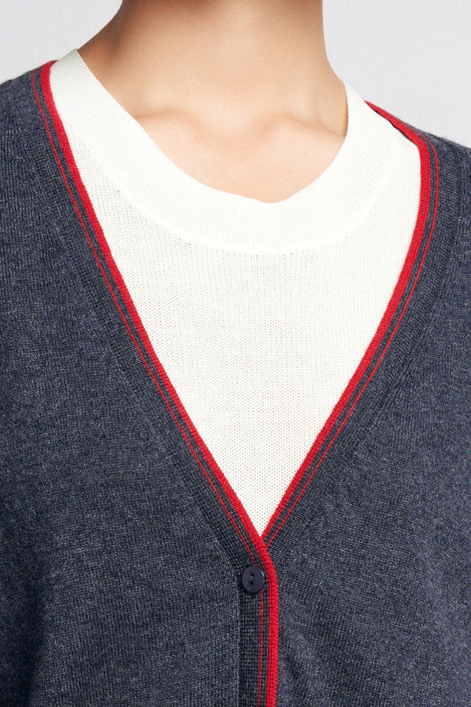Classic Fine Knit V-Neck Button-Up Wool Cardigan with Contrast Trim  Fibflx