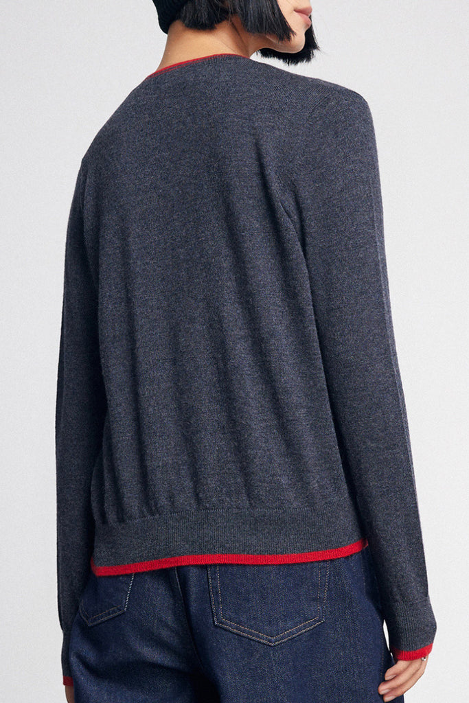 Classic Fine Knit V-Neck Button-Up Wool Cardigan with Contrast Trim  Fibflx