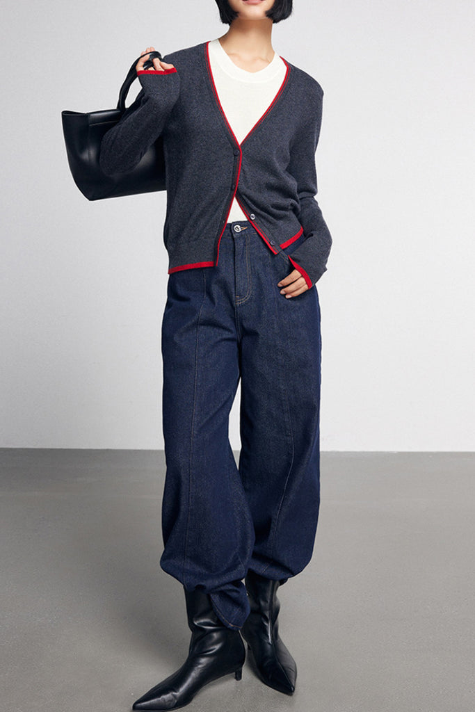 Classic Fine Knit V-Neck Button-Up Wool Cardigan with Contrast Trim  Fibflx