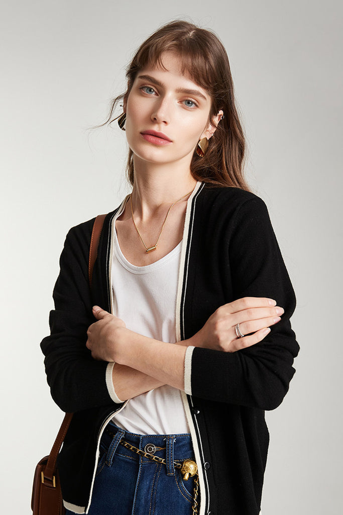 Classic Fine Knit V-Neck Button-Up Wool Cardigan with Contrast Trim XL / Black / 100% Wool Fibflx