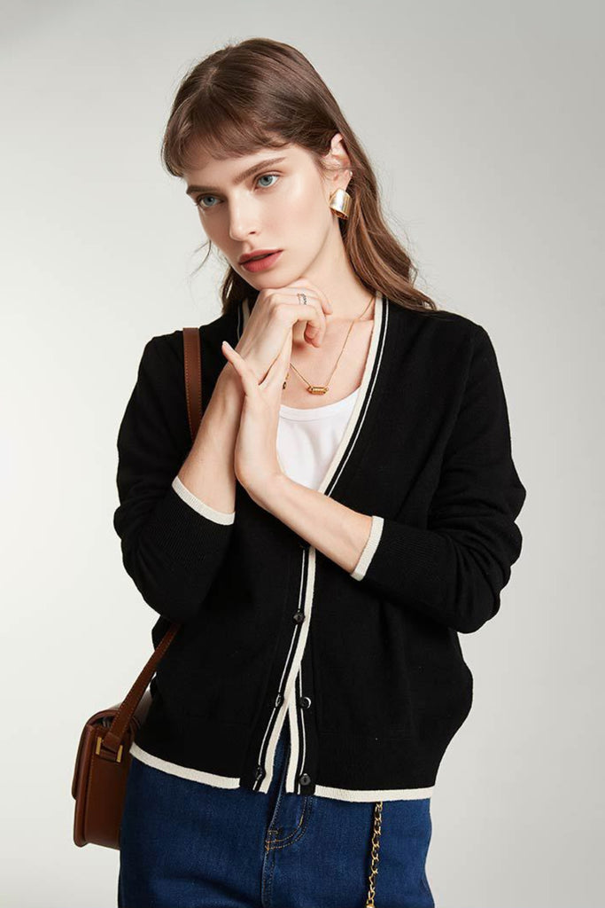 Classic Fine Knit V-Neck Button-Up Wool Cardigan with Contrast Trim  Fibflx