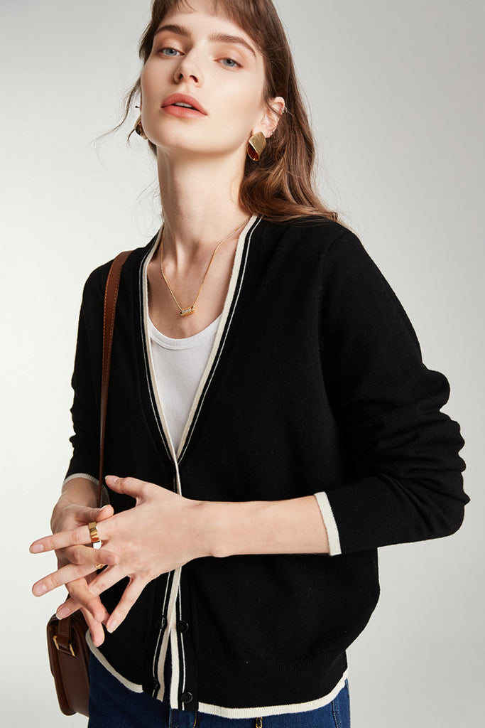 Classic Fine Knit V-Neck Button-Up Wool Cardigan with Contrast Trim  Fibflx