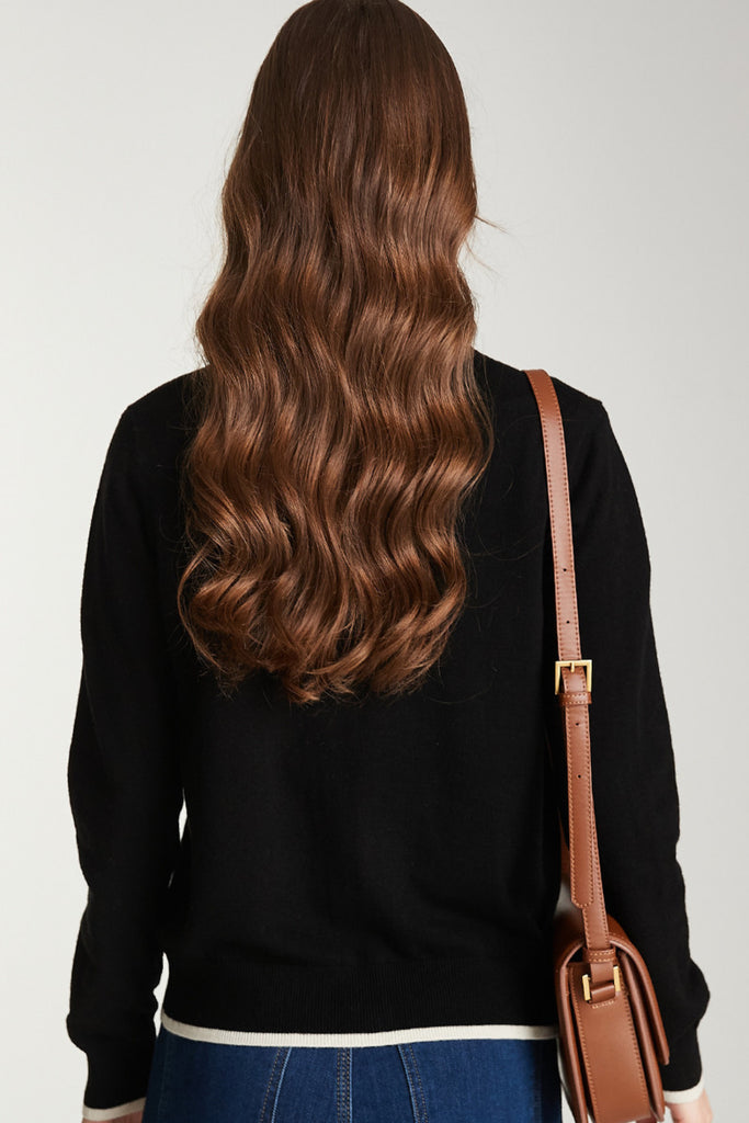 Classic Fine Knit V-Neck Button-Up Wool Cardigan with Contrast Trim  Fibflx