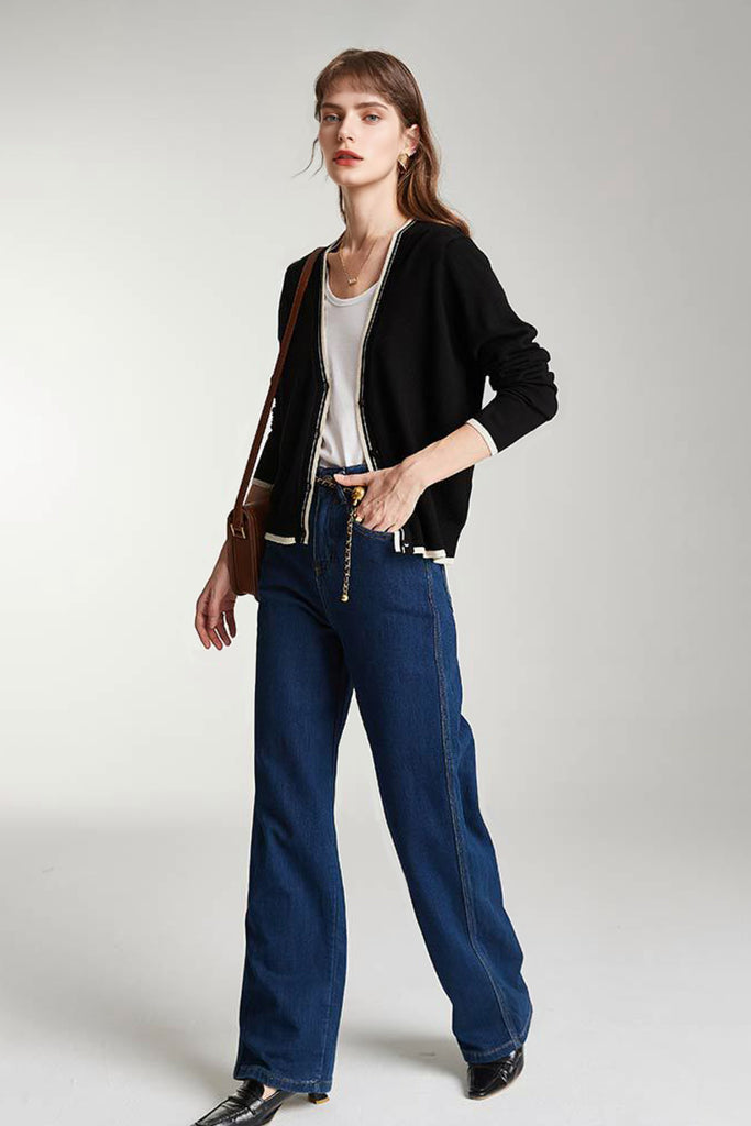 Classic Fine Knit V-Neck Button-Up Wool Cardigan with Contrast Trim  Fibflx