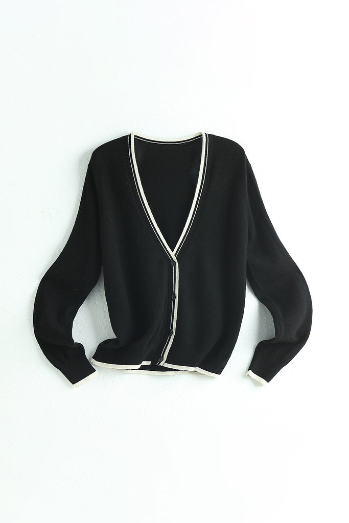 Classic Fine Knit V-Neck Button-Up Wool Cardigan with Contrast Trim  Fibflx