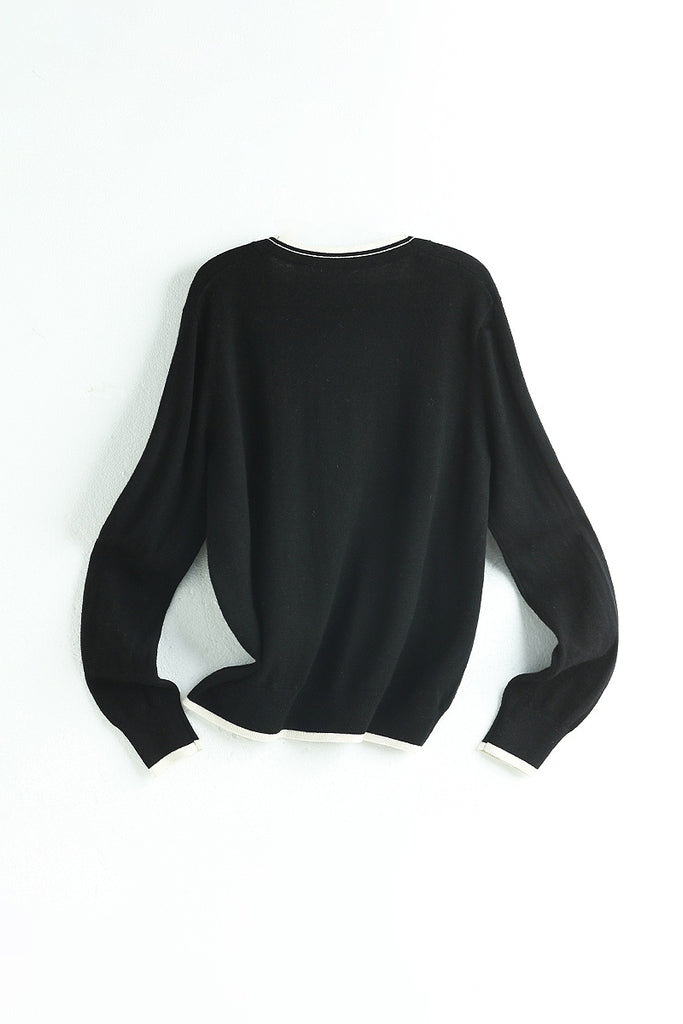 Classic Fine Knit V-Neck Button-Up Wool Cardigan with Contrast Trim  Fibflx