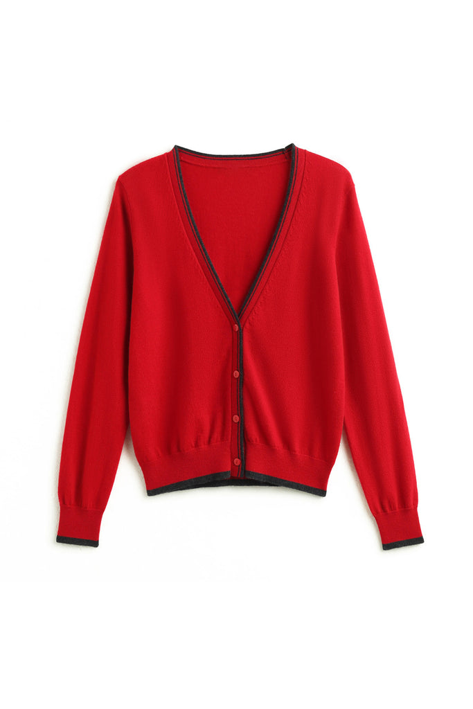 Classic Fine Knit V-Neck Button-Up Wool Cardigan with Contrast Trim XL / Cherry Red / 100% Wool Fibflx