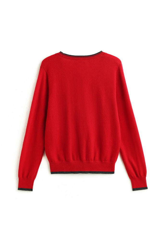 Classic Fine Knit V-Neck Button-Up Wool Cardigan with Contrast Trim  Fibflx