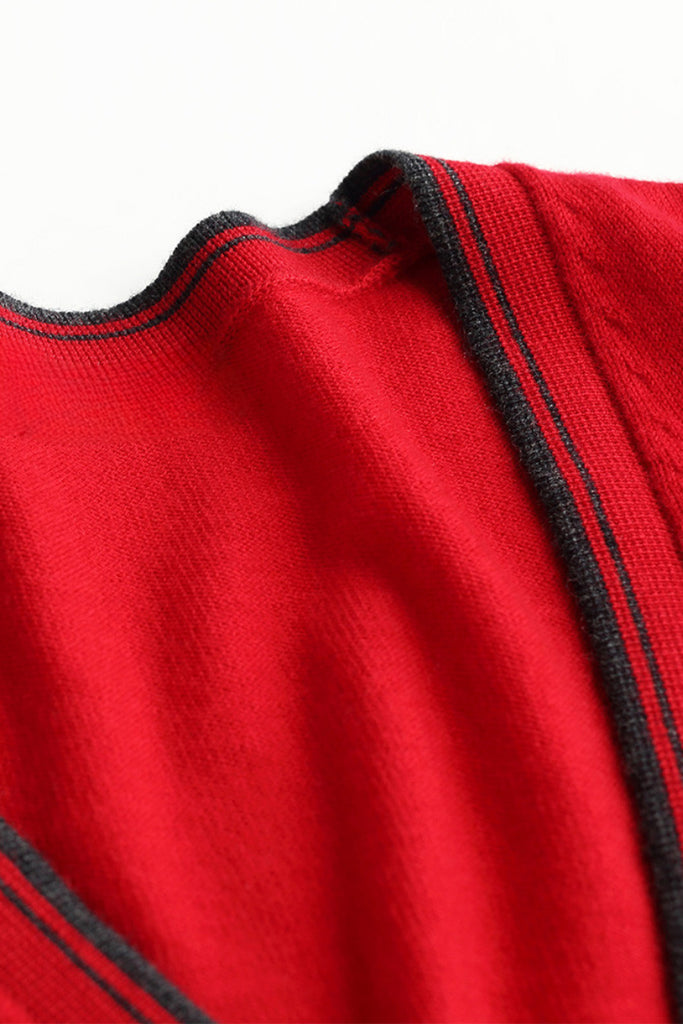 Classic Fine Knit V-Neck Button-Up Wool Cardigan with Contrast Trim  Fibflx