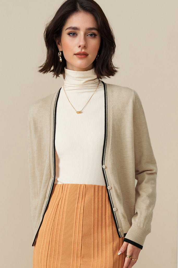 Classic Fine Knit V-Neck Button-Up Wool Cardigan with Contrast Trim  Fibflx